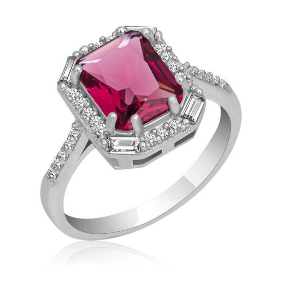 Silver Pink Stone Baguette Square Women’s Ring
