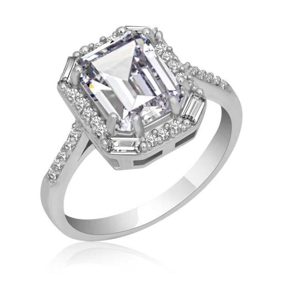 Silver White Stone Baguette Square Women’s Ring