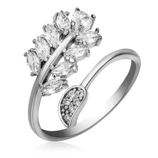 Adjustable Silver White Stone Leaf Women’s Ring