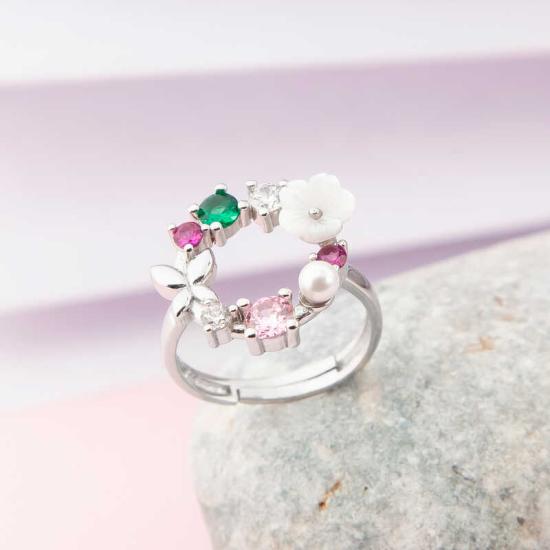 Adjustable Silver Colorful Magnolia Flower Women’s Ring