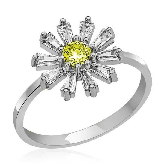 Silver Trapezoid Yellow Stone Flower Women’s Ring