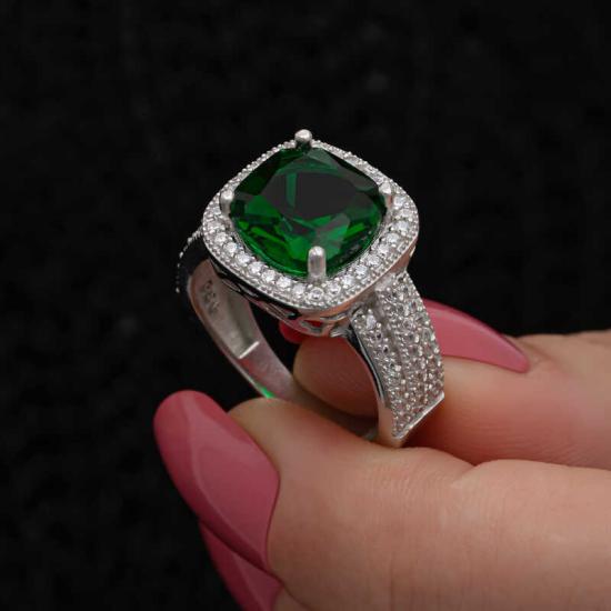 Silver Green Baguette Square Women’s Ring