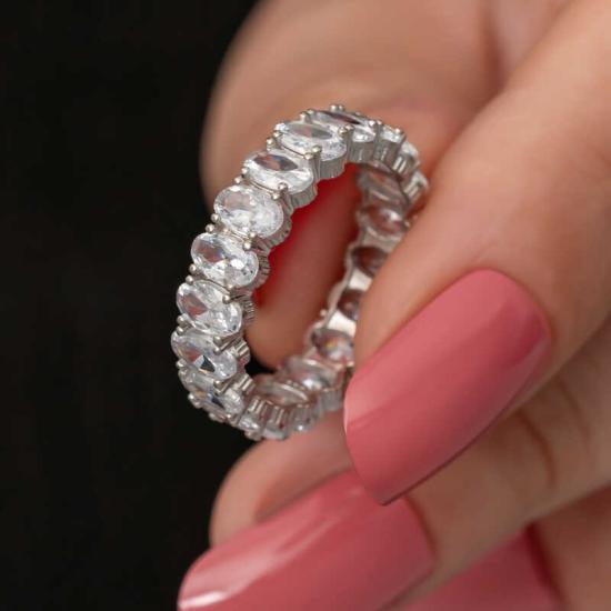 Silver Oval Stone Eternity Ring for Women