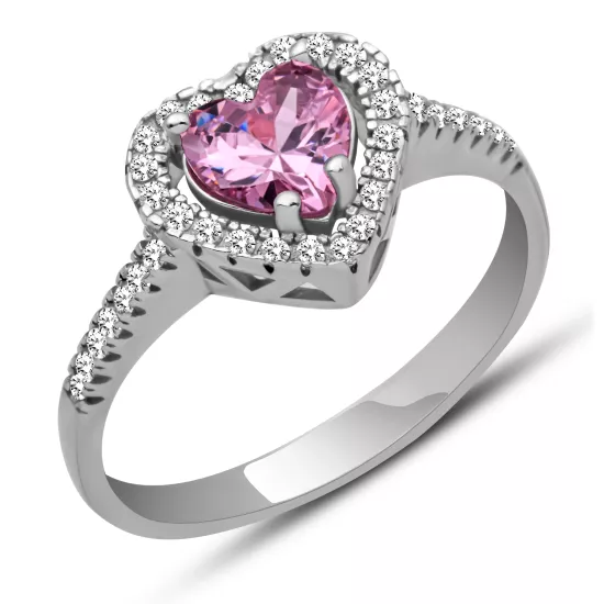 Silver Pink Stone Heart Women’s Ring
