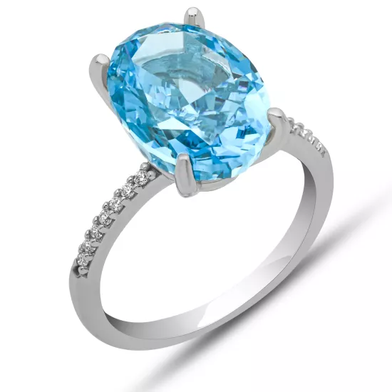 Gümüş Ice Cut Oval Mavi Zirkon Taşlı Kadın Yüzük