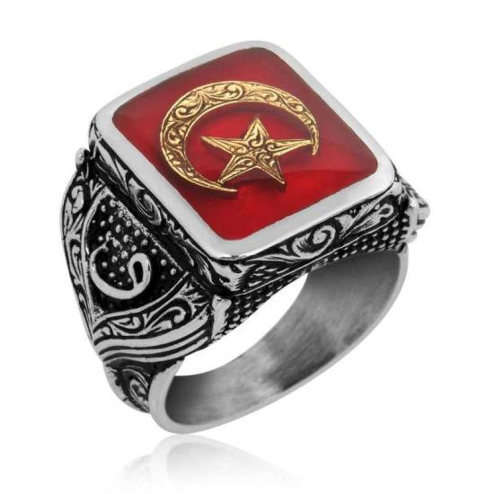 Silver Red Crescent Star Men’s Ring