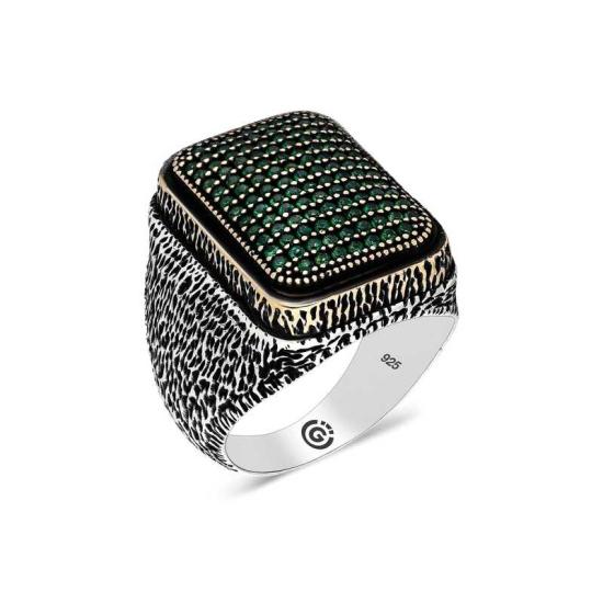 Silver Green Zircon Stone Square Men’s Ring