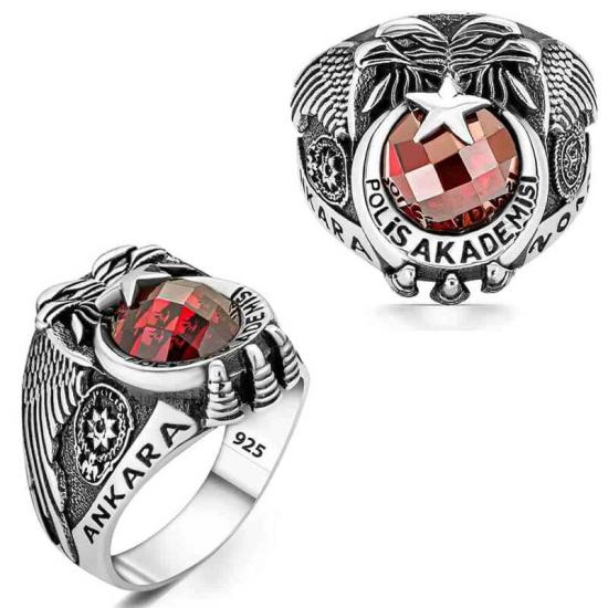 Silver Police Academy Red Stone Men’s Ring