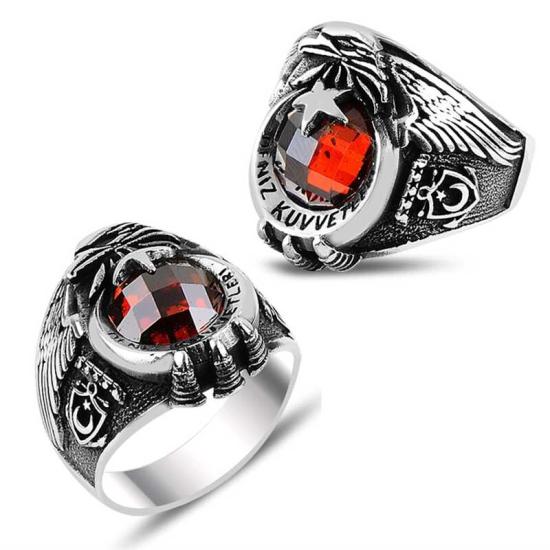 Silver Crescent Star Navy Red Stone Men’s Ring