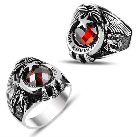 Silver Crescent Star Air Force Red Stone Men’s Ring