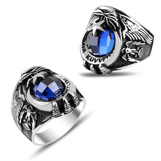 Silver Crescent Star Air Force Blue Stone Men’s Ring