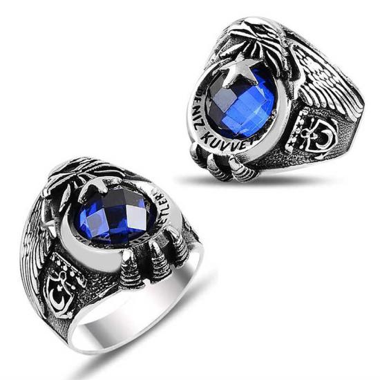 Silver Star and Crescent Navy Blue Stone Men’s Ring