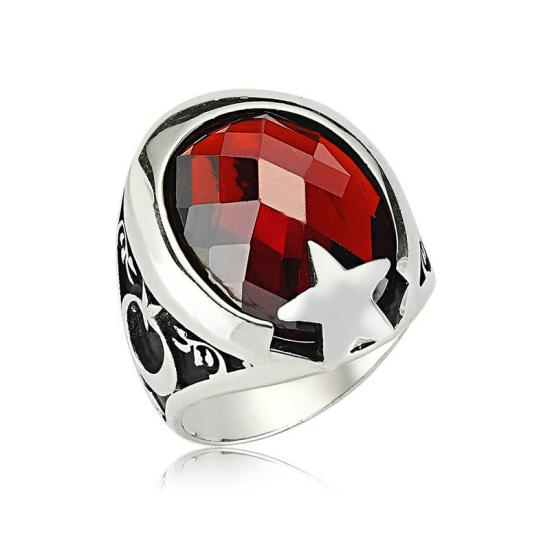 Silver Red Stone Crescent Star Men’s Ring