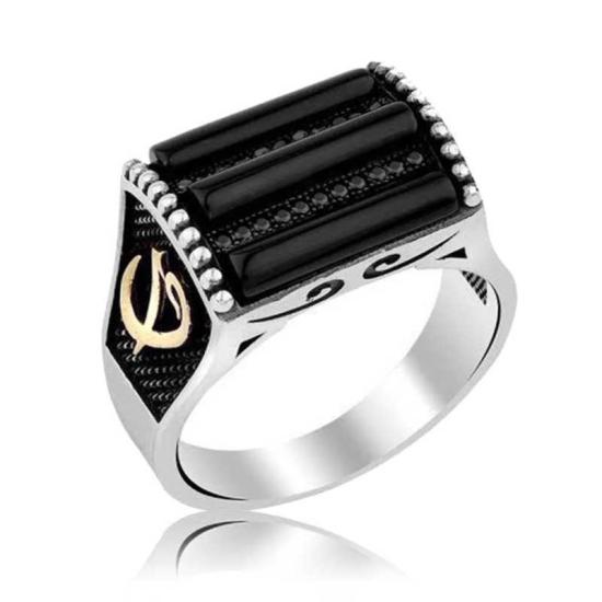 Silver Black Stone Elif Vav Men’s Ring