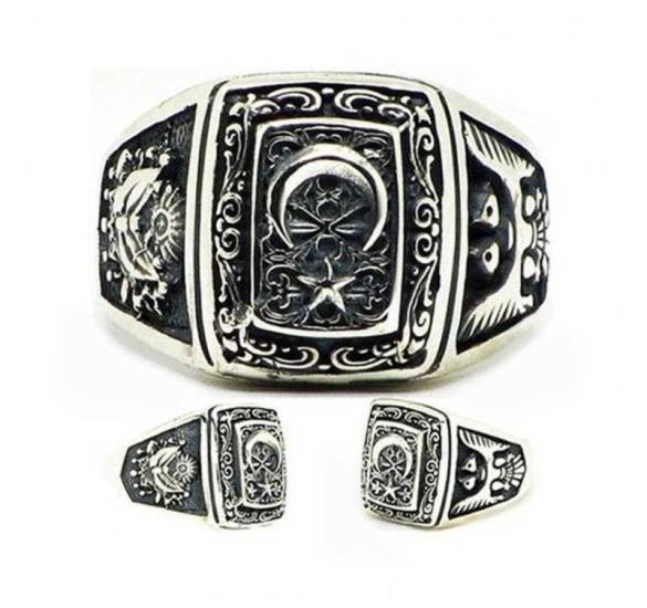 Silver Crescent Star Ottoman Coat of Arms Eagle Patterned Men’s Ring