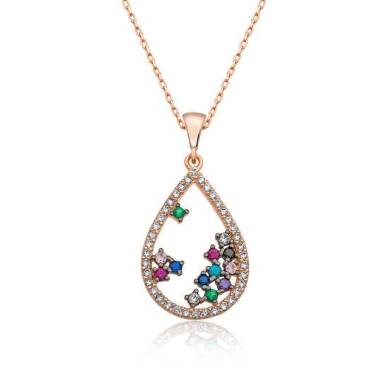Silver Rose Colored Stone Drop Necklace