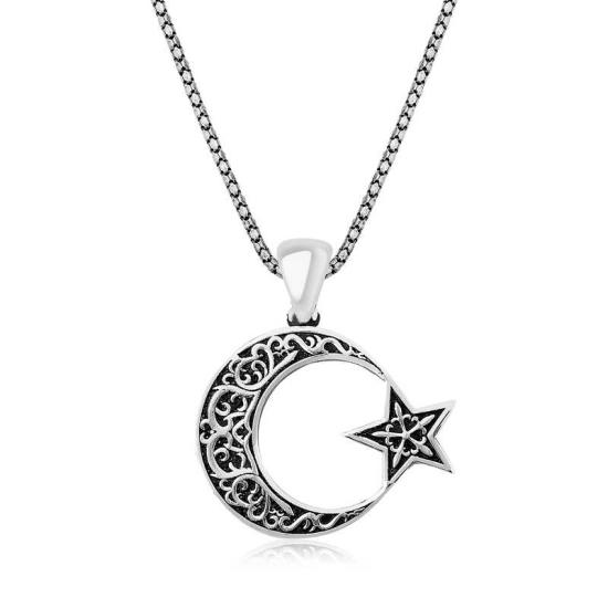Silver Patterned Crescent Star Men’s Necklace