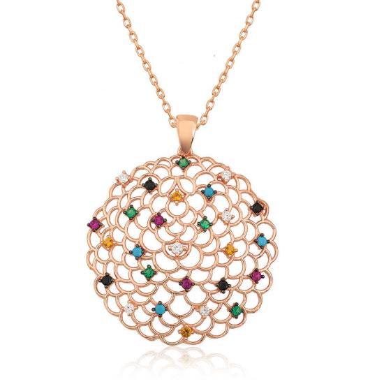 Silver Rose Geometric Patterned Medallion Necklace