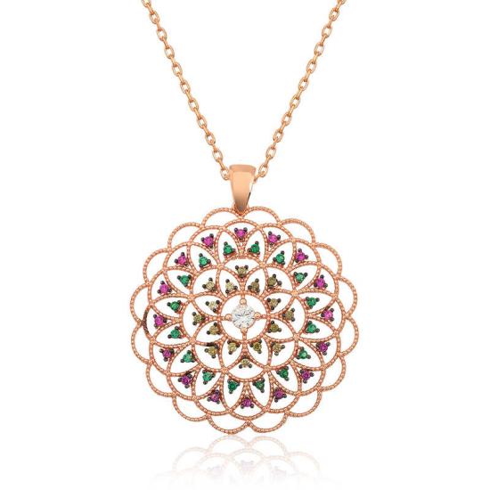 Silver Rose Geometric Patterned Medallion Necklace