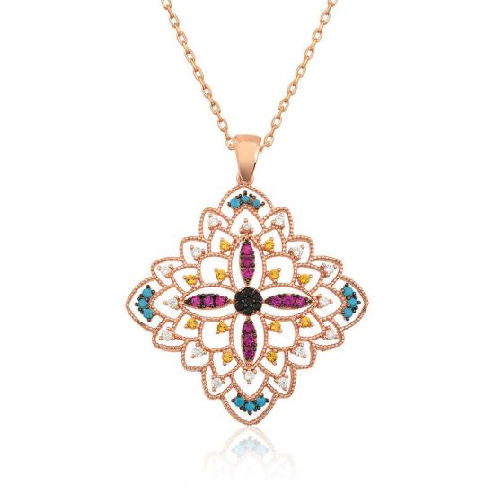 Silver Rose Ethnic Patterned Medallion Necklace