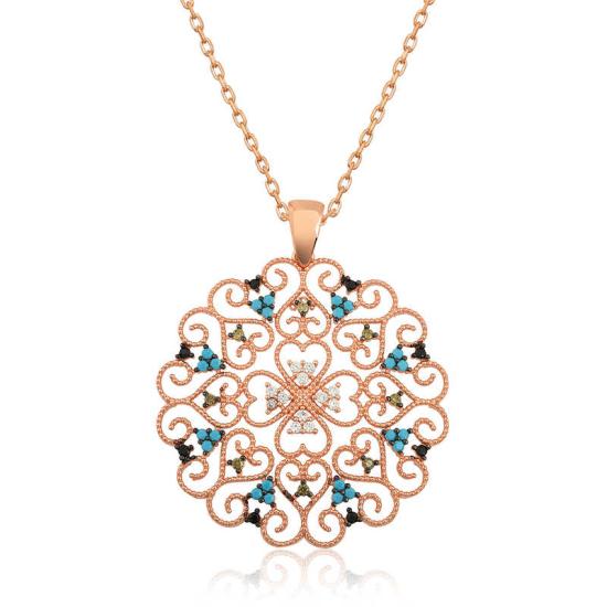 Silver Rose Ethnic Patterned Medallion Necklace
