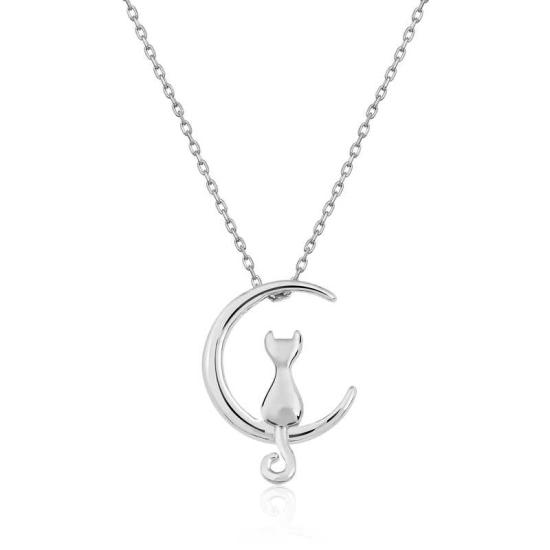 Silver Crescent Cat Necklace