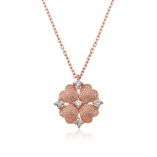 Silver Rose Heart Leaf Flower Necklace