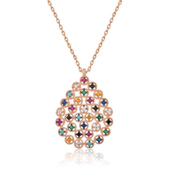 Silver Rose Colored Stone Drop Necklace
