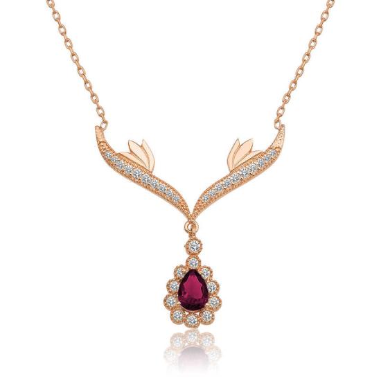 Silver Rose Red Stone Medallion Women’s Necklace