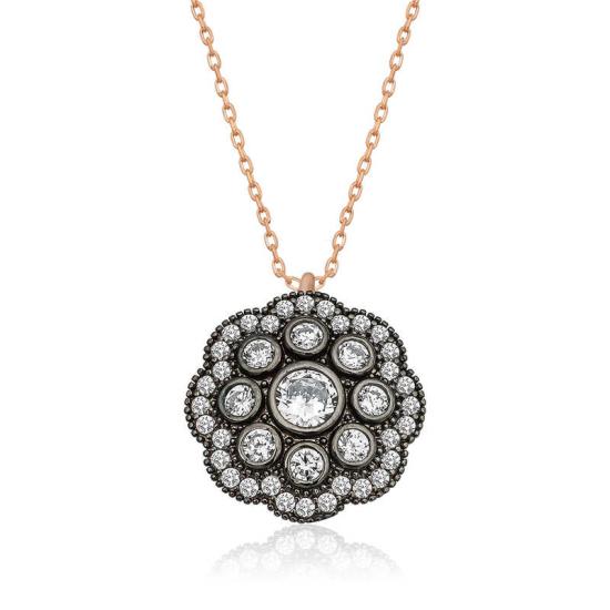 Silver Flower Patterned Diamond Mounted Necklace