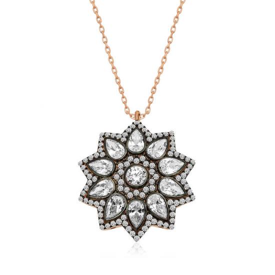 Silver Rose Flower Patterned Diamond Mounted Necklace