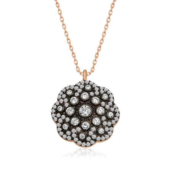 Silver Flower Patterned Diamond Mounted Necklace