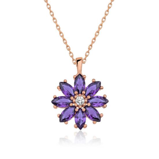 Silver Rose Purple Flower Necklace