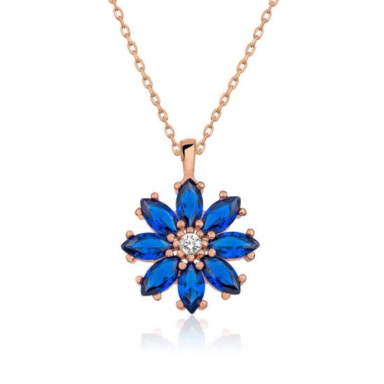 Silver Rose Navy Blue Flower Necklace