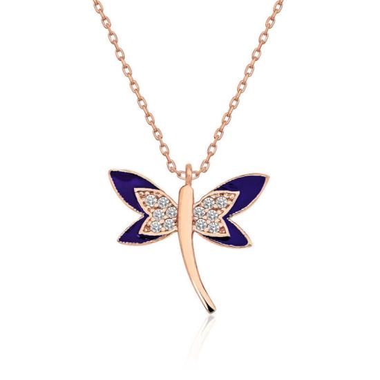 Silver Rose Navy Blue Dragonfly Women’s Necklace