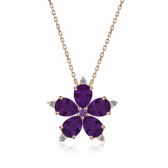 Silver Rose Purple Camellia Flower Necklace