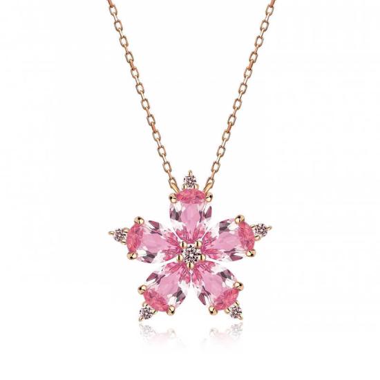 Silver Rose Pink Camellia Flower Necklace