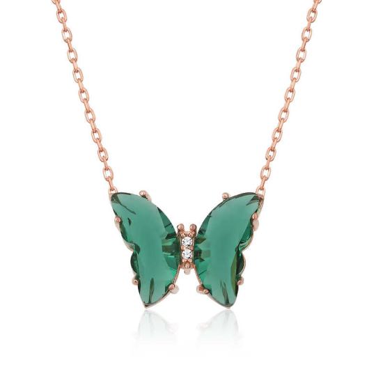 Silver Rose Green Glass Butterfly Necklace