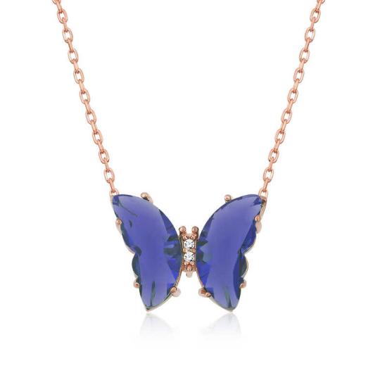 Silver Rose Blue Glass Butterfly Necklace