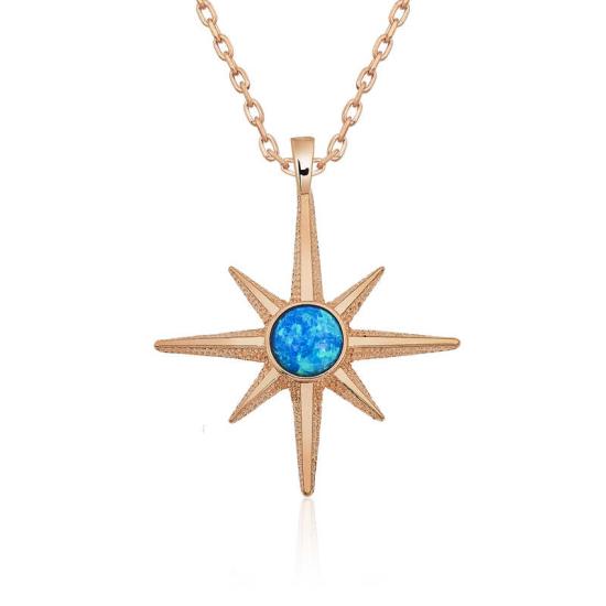 Silver Rose Blue Opal Stone Pole Star Necklace