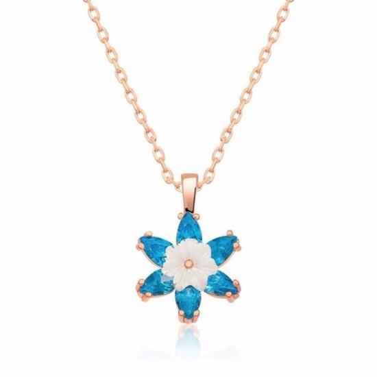 Silver Rose Blue Lotus Flower Necklace
