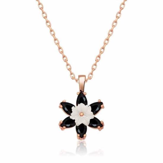 Silver Rose Black Lotus Flower Necklace