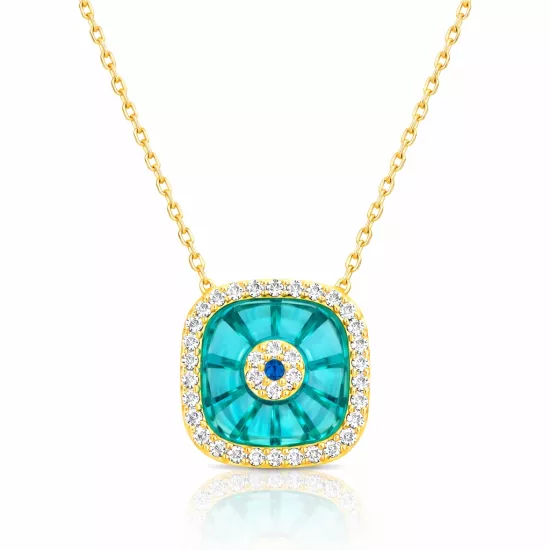 Gümüş Gold Kare Camgöz Nazar Bayan Kolye