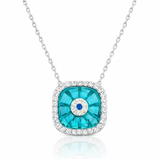 Gümüş Rodyum Kare Camgöz Nazar Bayan Kolye