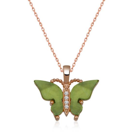 Silver Rose Green Tiger’s Eye Stone Butterfly Necklace