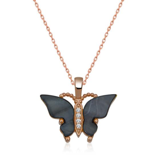 Silver Rose Anthracite Tiger’s Eye Stone Butterfly Necklace