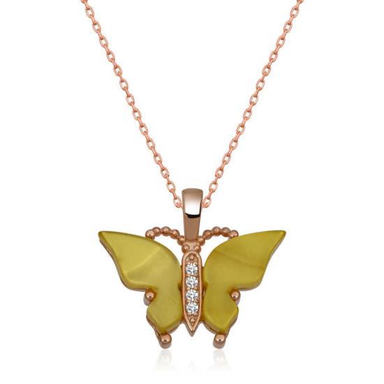 Silver Rose Yellow Tiger’s Eye Stone Butterfly Necklace
