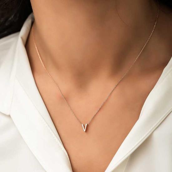 Silver Rose 3D V Letter Women’s Necklace