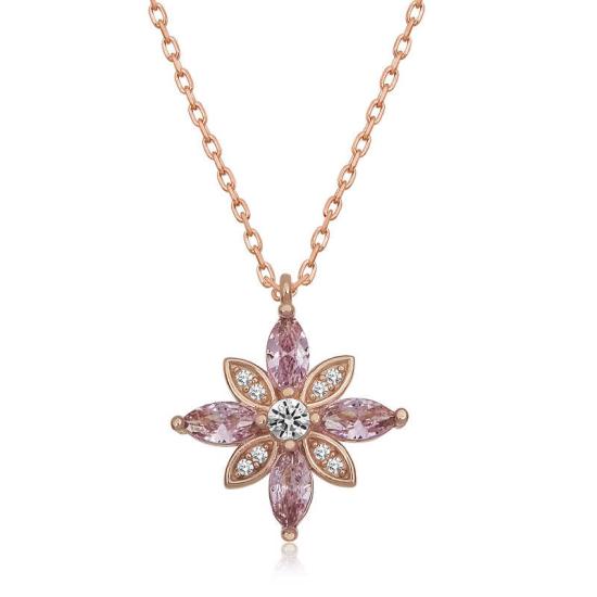 Silver Rose Pink Stone Hope Flower Necklace