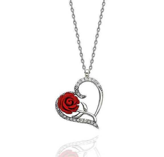 Silver Heart Red Rose Women’s Necklace